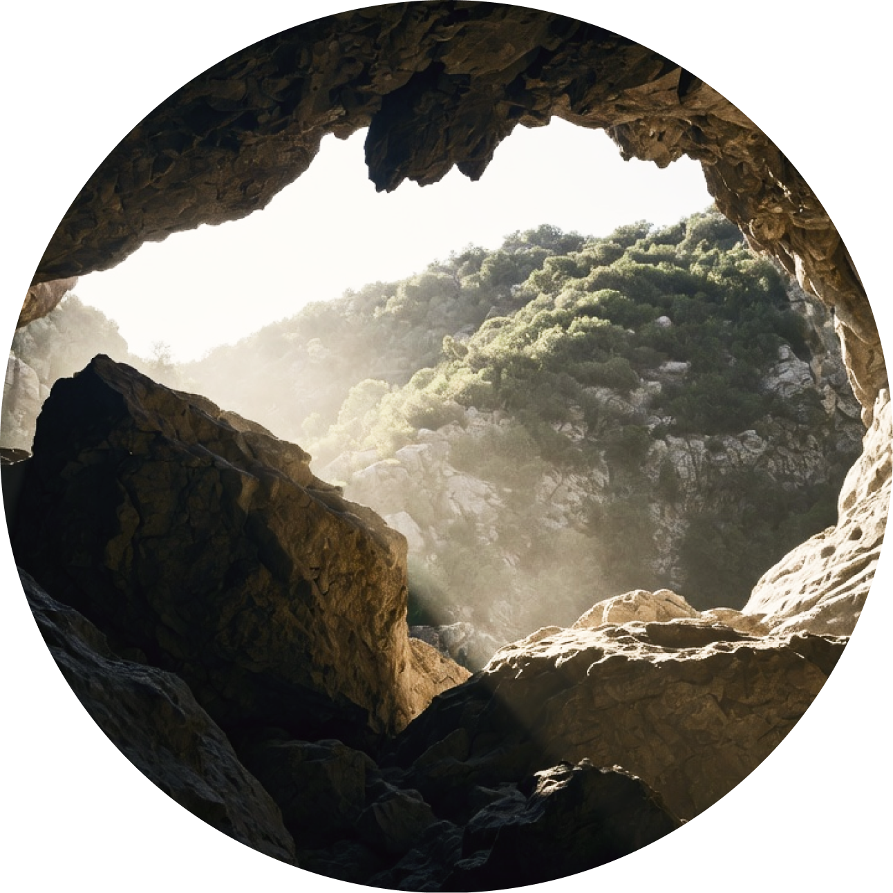 Light breaking into a cave mouth surrounded by greenery